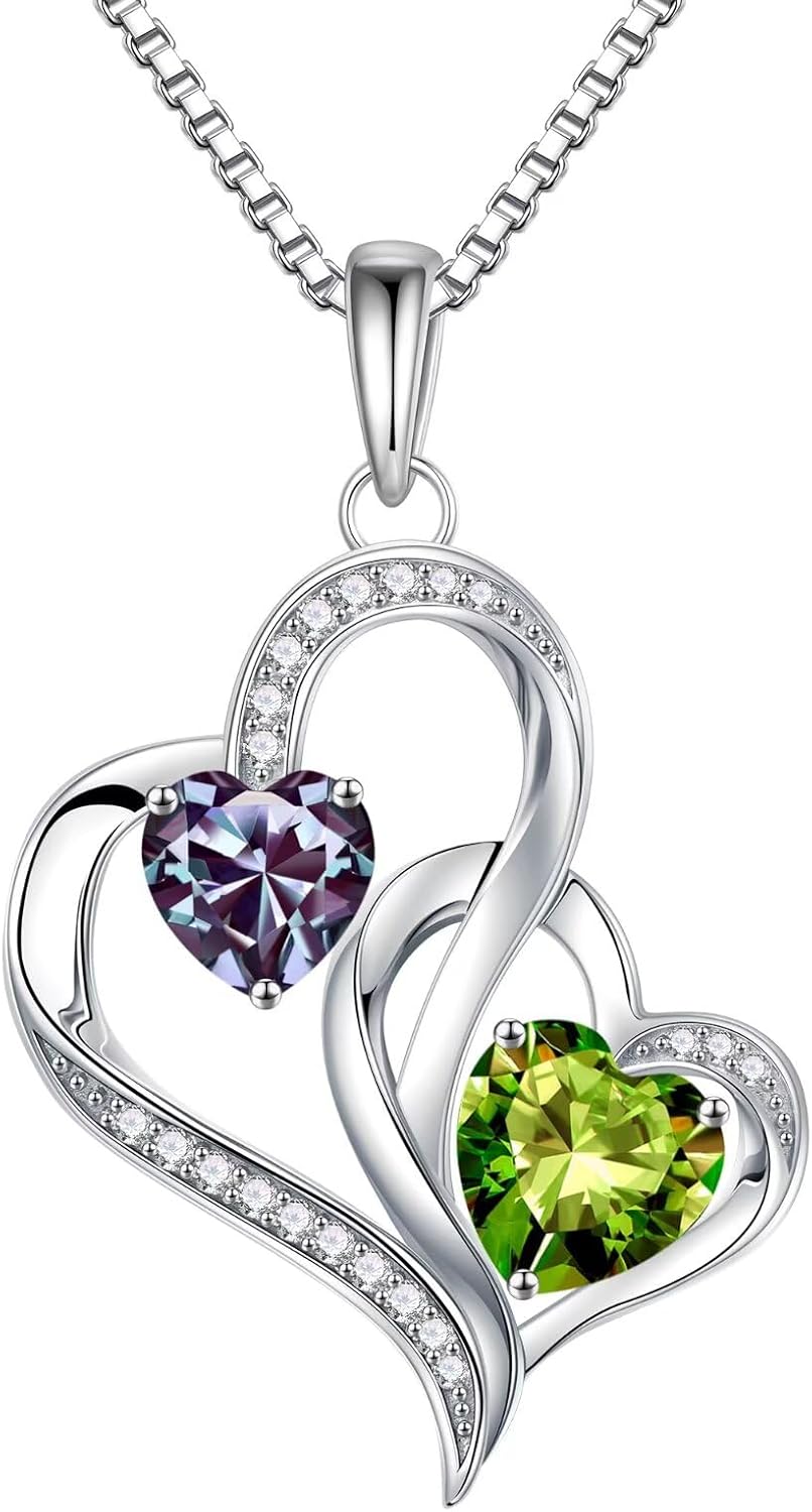Double Heart Birthstone Necklace - Unique Gifts for Women