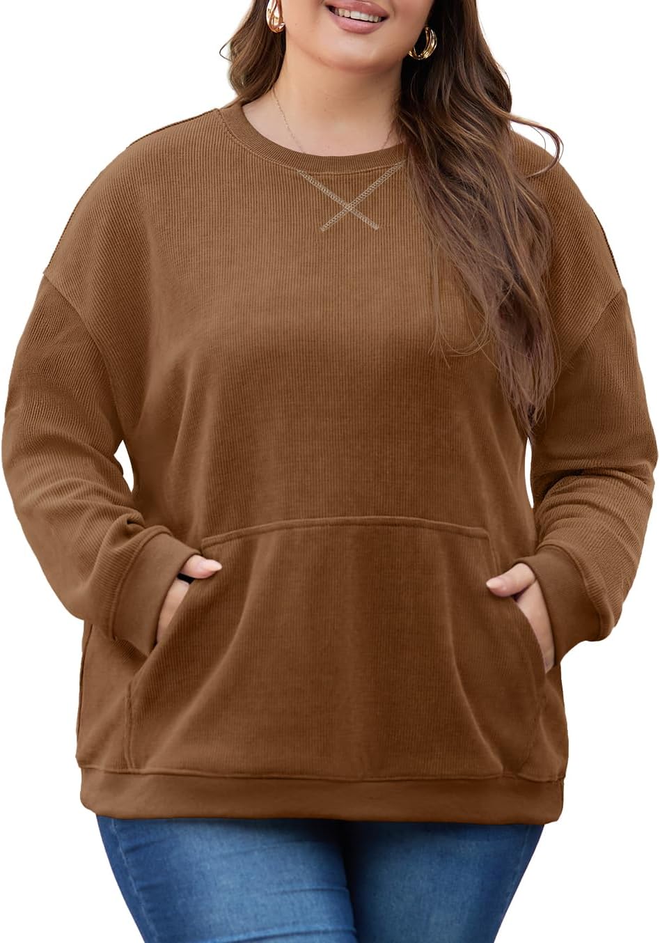 Plus Size Oversized Corduroy Crewneck Sweatshirt for Women