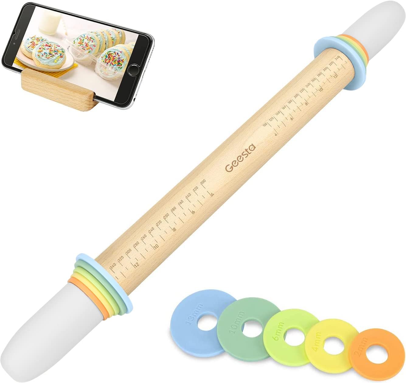 Geesta Adjustable Wood Rolling Pin with 5 Thickness Rings for Baking