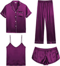 Womens Silk Satin Pajamas Sets 4pcs - Soft Cami, Shorts & Pants