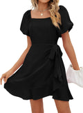 Womens Chiffon Square Neck Puff Sleeve Mini Dress - Tie Waist