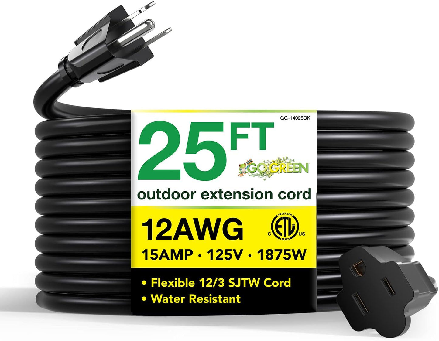 Go Green Power 12/3 SJTW Outdoor Extension Cord, 25 ft Durable