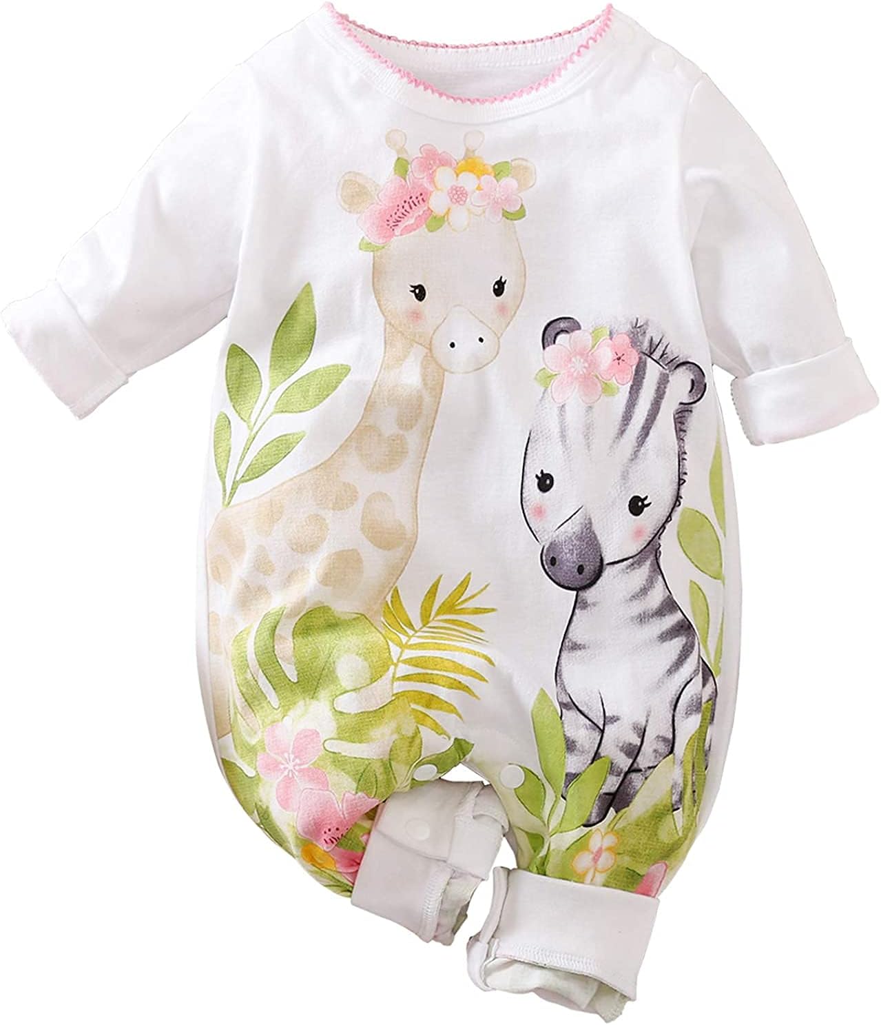 Cute Giraffe & Zebra Floral Print Baby Jumpsuit