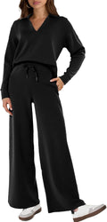 Womens 2 Piece Sweatsuit Set Polo Top & Wide Leg Pants - Lightweight