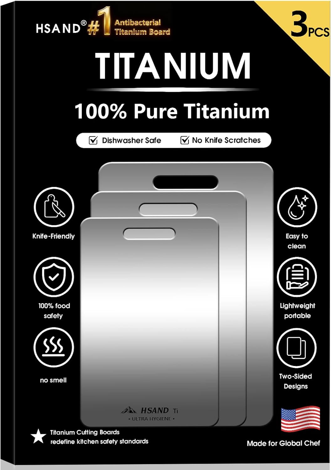 3-Pack Titanium Cutting Boards for Kitchen, Non-Slip Design