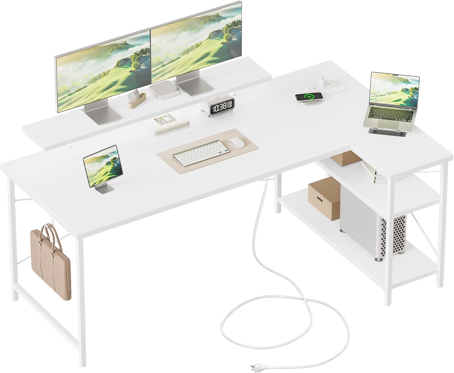 L Shaped Computer Desk with Power Outlets for Small Spaces