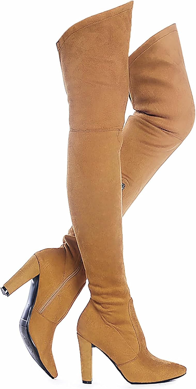 Shoe'N Tale Women Stretch Suede Chunky Heel Over The Knee Boots