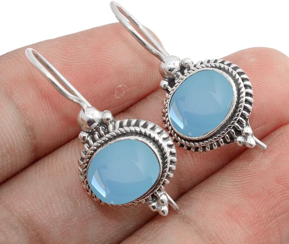 Solid 925 Sterling Silver Dangling Earrings with Blue Chalcedony