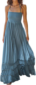 Womens Summer Boho Backless Long Dress - Shirred Bodice