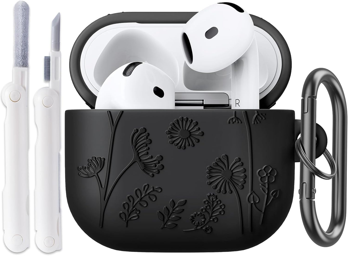 Black 3D Floral Airpods 4 Case with Keychain - Shockproof Protection by QINGQING