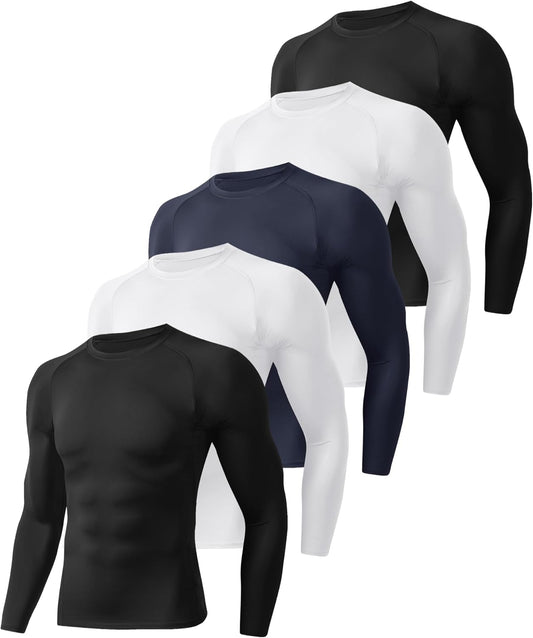 5 Pack Long Sleeve Compression Shirts for Men - Quick Dry Base Layer