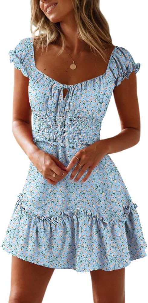 YOBECHO Womens Summer Ruffle Sleeve Sweetheart Neckline Dress