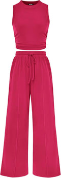 Women Summer 2 Piece Outfits Cropped Top & Wide Leg Pants Set
