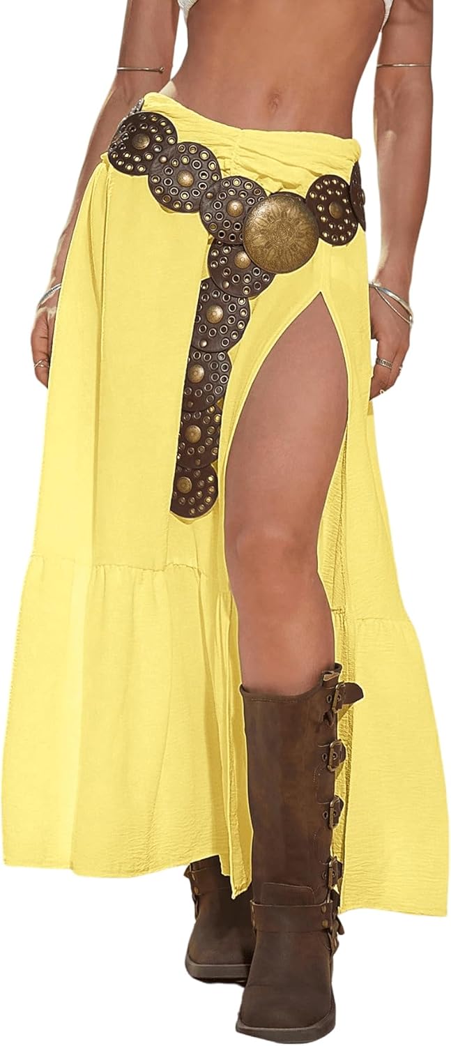 SHENHE Women's Western Boho Maxi Skirt with High Slit Design