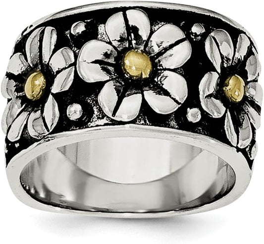Sterling Silver Antiqued Daisy Wedding Band Ring with Gold Centers