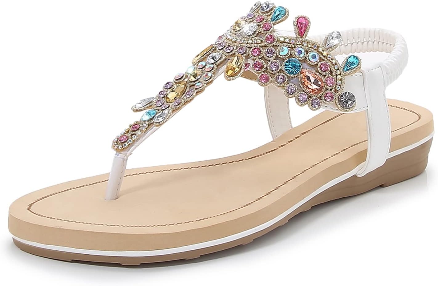 iCKER Women Rhinestone Sandals T-Strap Bohemian Pearl Style
