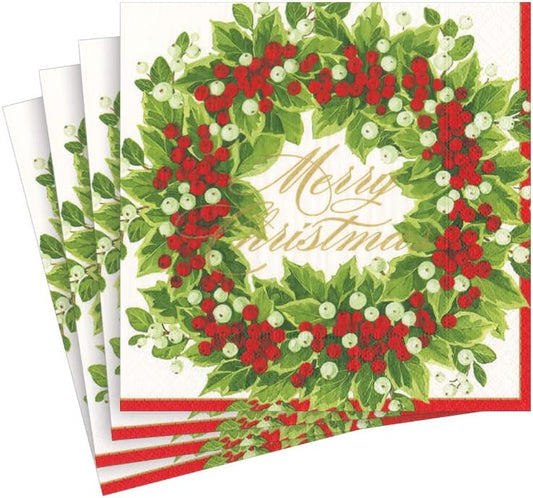 Caspari Merry Christmas Cocktail Napkins - Festive Holly Wreath Design