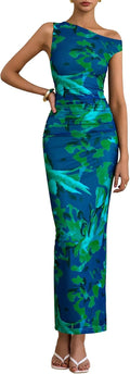 One Shoulder Floral Maxi Dress - Flattering Ruched Mesh Fit Club