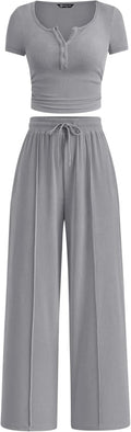 Womens Ribbed Knit 2 Piece Summer Set - Slim Button Top & Wide Pants