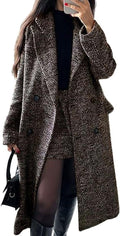 Women's Herringbone Wool Midi Coat - Double Breasted Trench