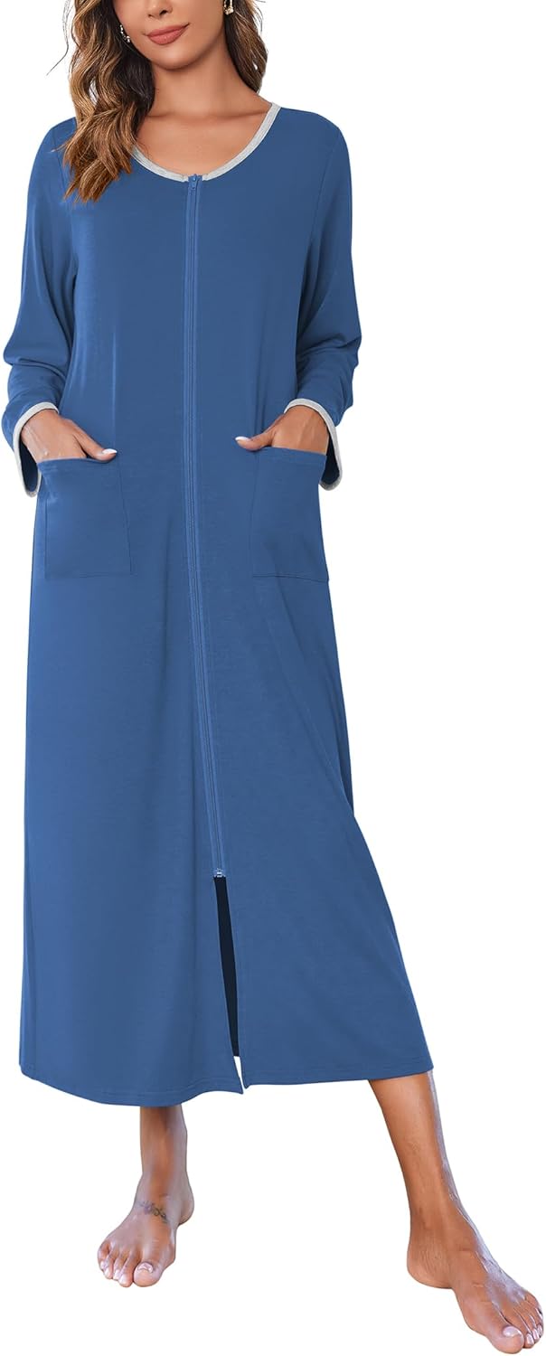 Ekouaer Women Long House Coat Zipper Front Robes with Pockets