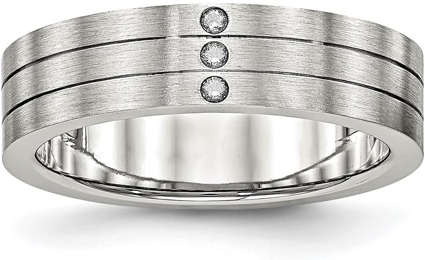 Stainless Steel Brushed Grooved 3 Stone Cubic Zirconia Band Ring