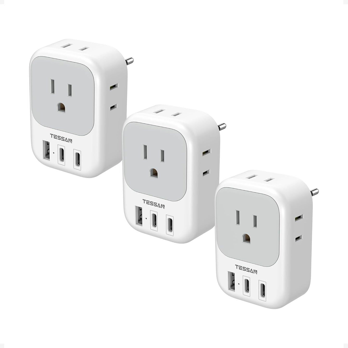 European Travel Plug Adapter 3 Pack with 4 Outlets and USB Ports