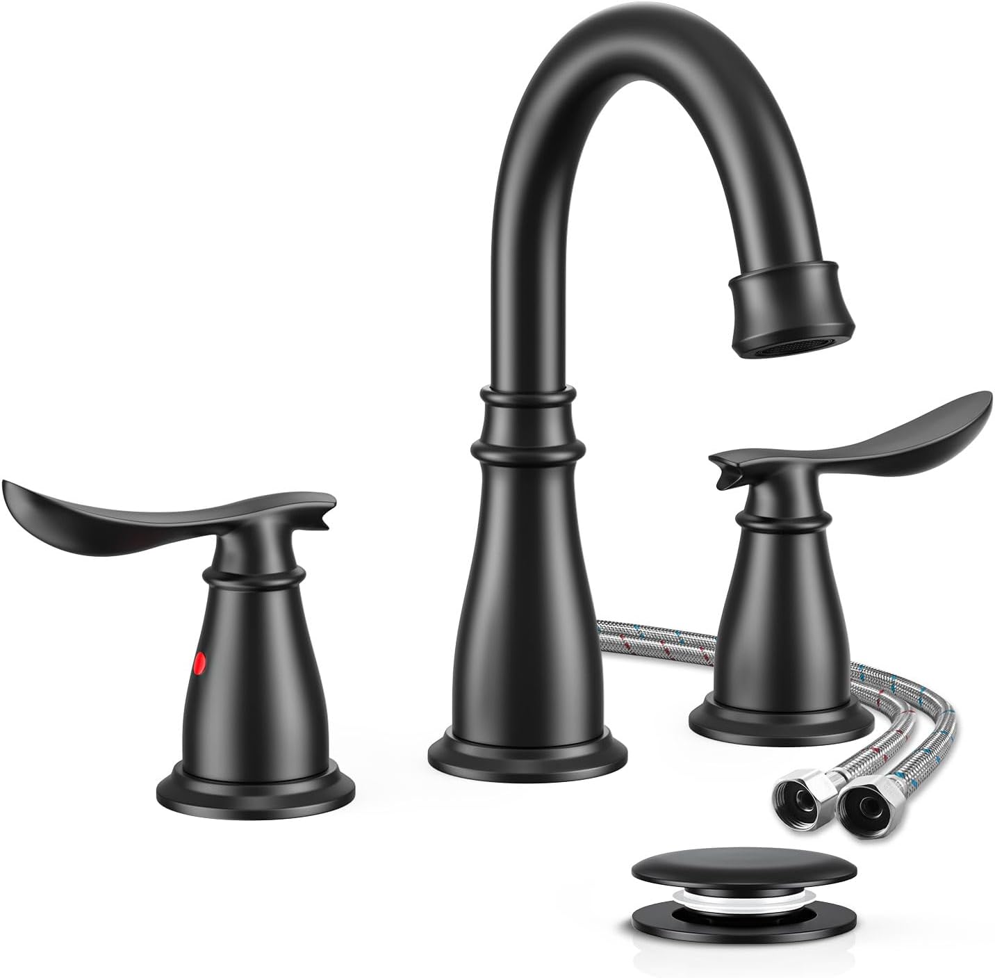 Black Bathroom Faucet 3 Hole with Hot/Cold Handles and Drain