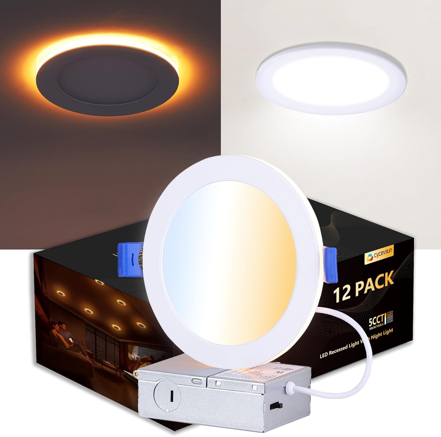 12 Pack 6 Inch LED Recessed Lighting with Night Light Options