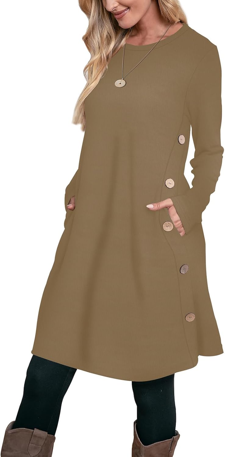 OFEEFAN Long Sleeve Dress for Women with Pockets and Buttons