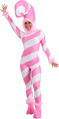 Pink Candy Cane Costume for Women - Stretch Knit Festive Jumpsuit
