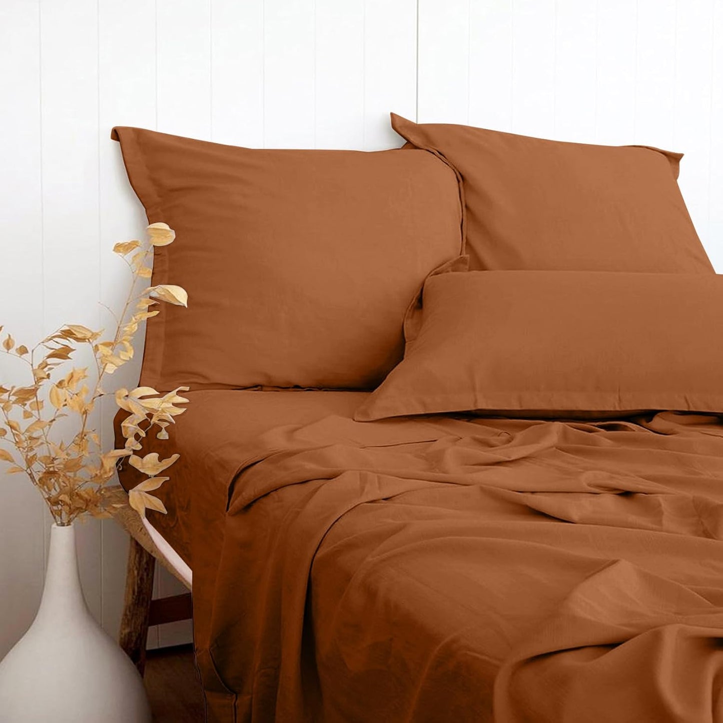 PANDATEX Rust Red Linen-Textured Bed Sheets Set for Comfort
