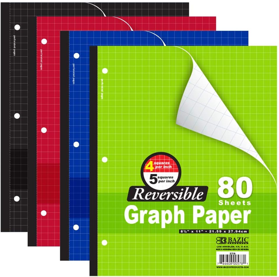 BAZIC Quad Graph Notebook 80 Sheets x4 - Easy Tear, Reversible 4 - Grid Ruled
