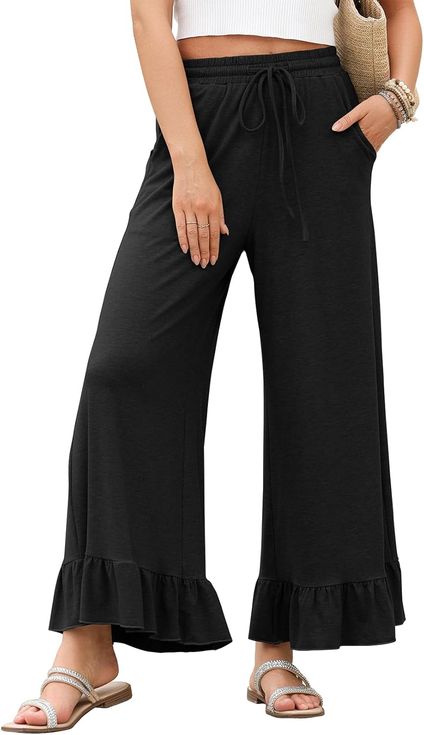 EVALESS Womens Wide Leg Pants with Drawstring and Pockets