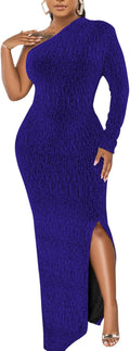 Women's One-Shoulder Sparkly Maxi Dress with High Split - Elegant