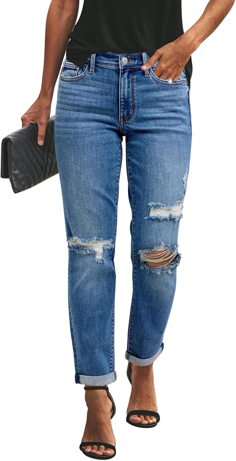 KUNMI Women's Ripped Mid Waisted Boyfriend Jeans for Comfort