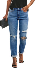 KUNMI Women's Ripped Mid Waisted Boyfriend Jeans - Relaxed Stretchy 5