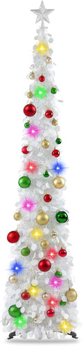 Pop Up Christmas Tree 6ft White Tinsel with Lights & 40 Balls - Space