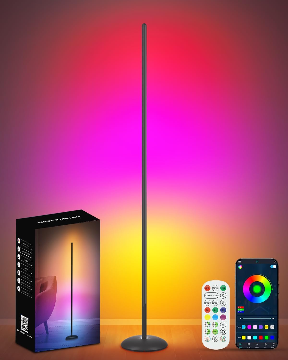 Smart RGB LED Corner Floor Lamp with App & Remote Control