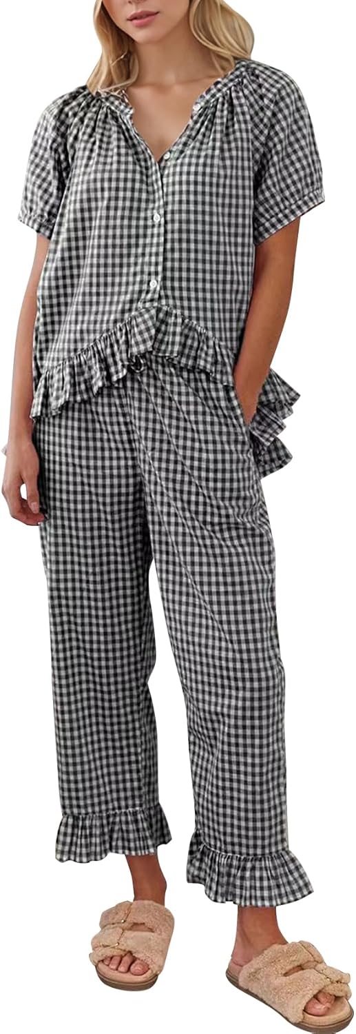 Gingham Pajama Set for Women - Cute Ruffle Sleepwear
