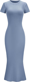 LOMON Women Fishtail Hem Ribbed Maxi Dress - Elegant Fitted Summer