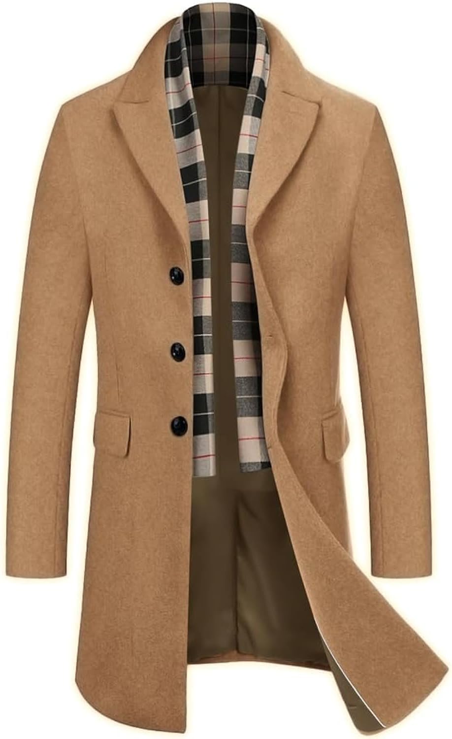 Stylish Men's Wool Blend Coat with Detachable Plaid Scarf
