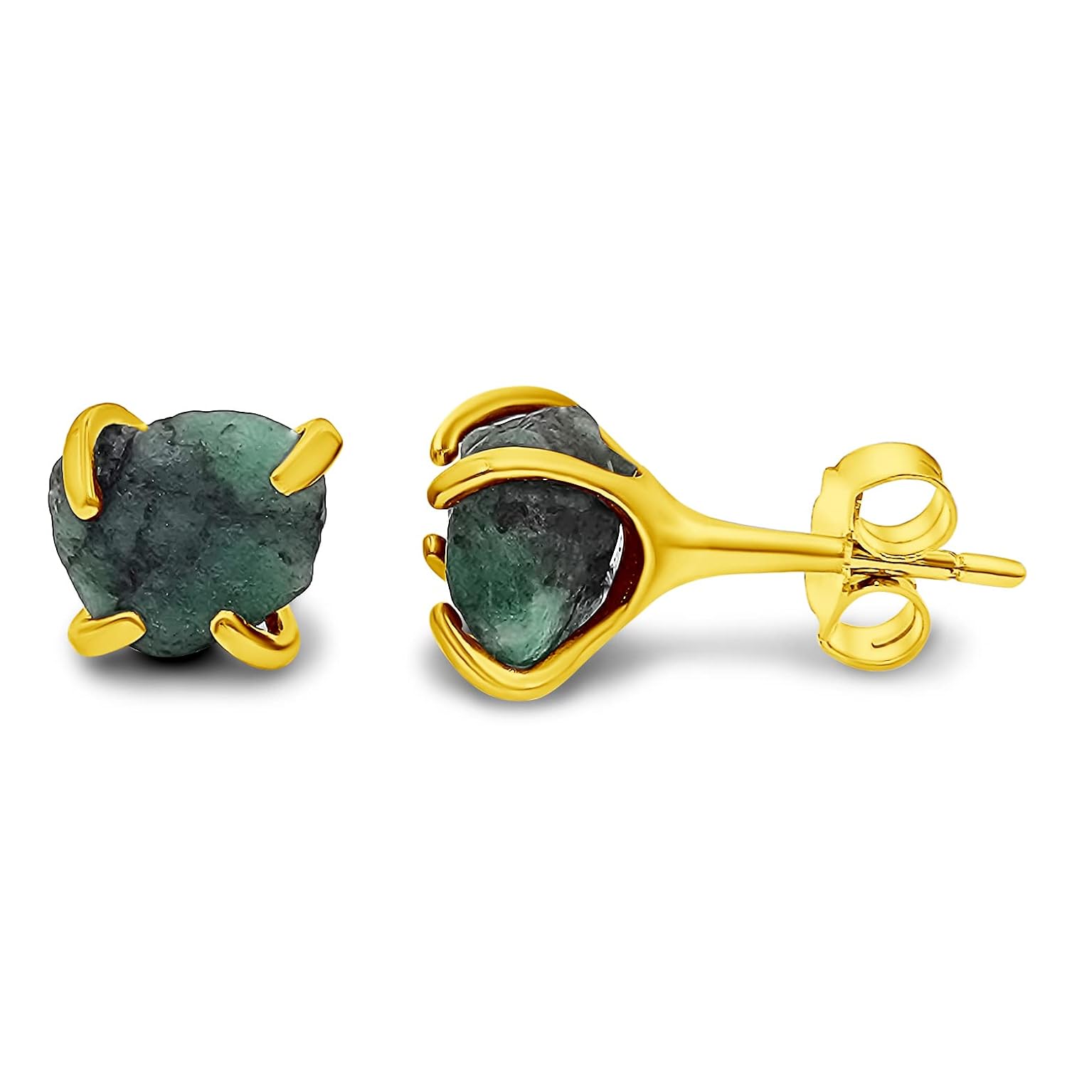 Natural Raw Emerald Stud Earrings in Yellow Gold Over Silver