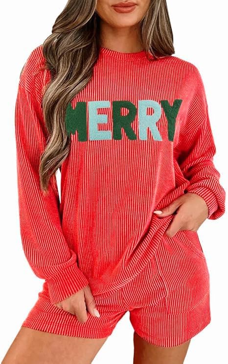 Womens Ribbed Pajama Sets Long Sleeve Top and Shorts Loungewear