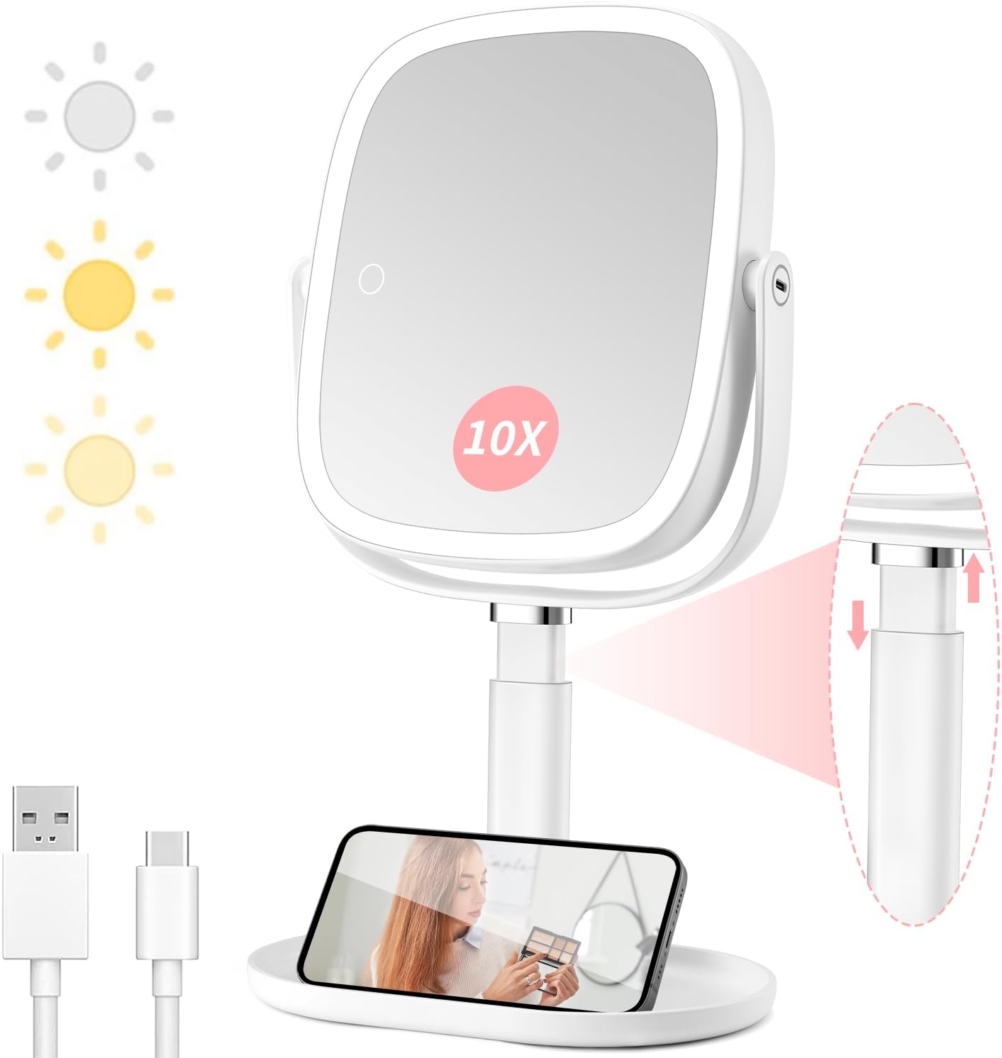 Lighted Makeup Mirror with 1x/10x Magnification and Adjustable Height