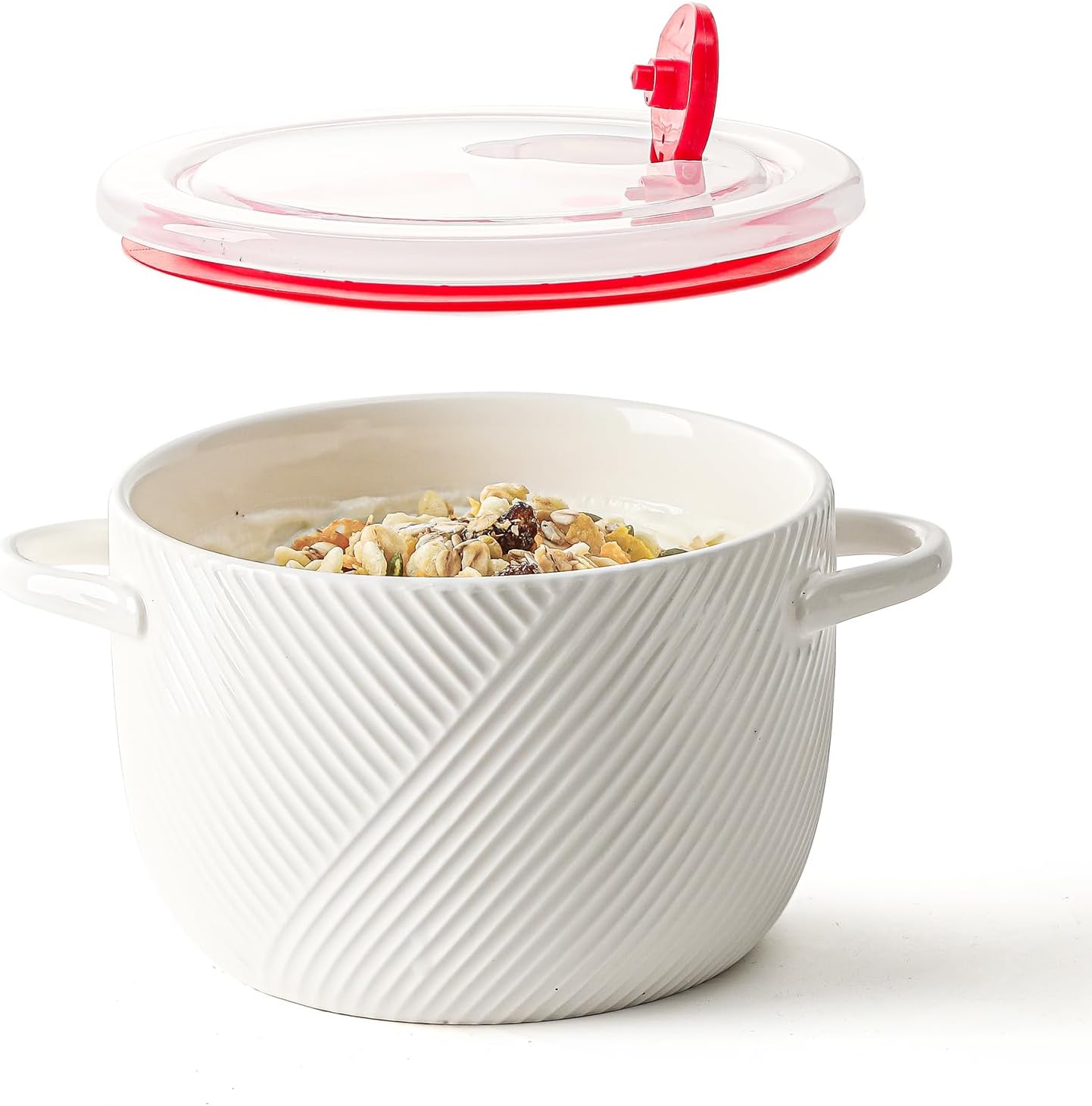 32 oz Ceramic Soup Bowl: Leak-Proof Lid, Convenient Handle - White