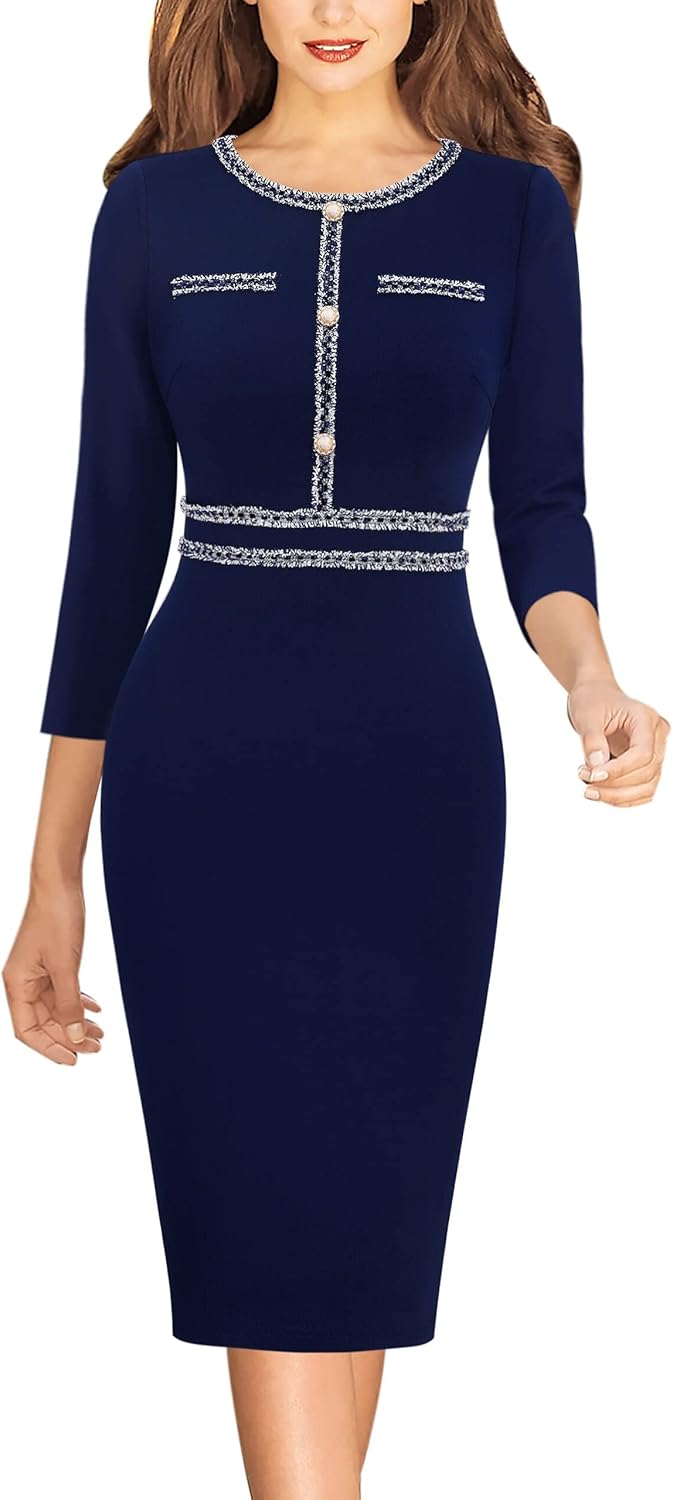VFSHOW Womens Business Button Crew Neck Fitted Office Dress