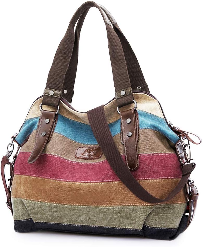 Canvas Handbag Multi-Color Striped Lattice Cross Body Purse