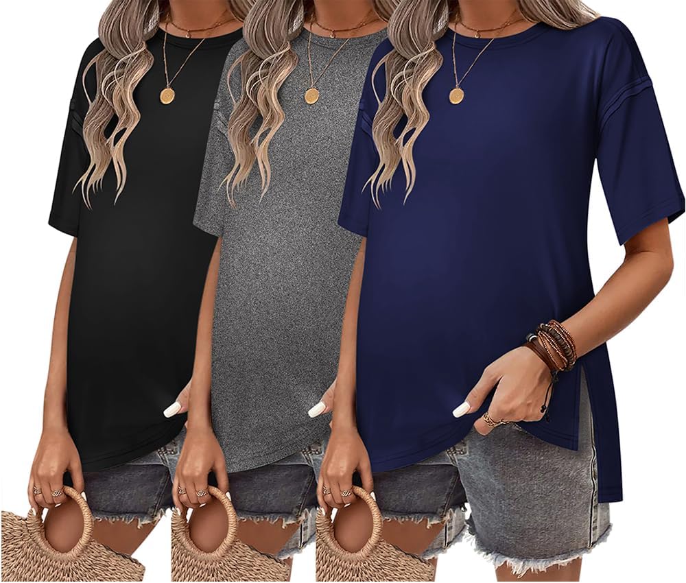 Ekouaer Maternity Shirts 3 Pack for Comfortable Pregnancy Wear