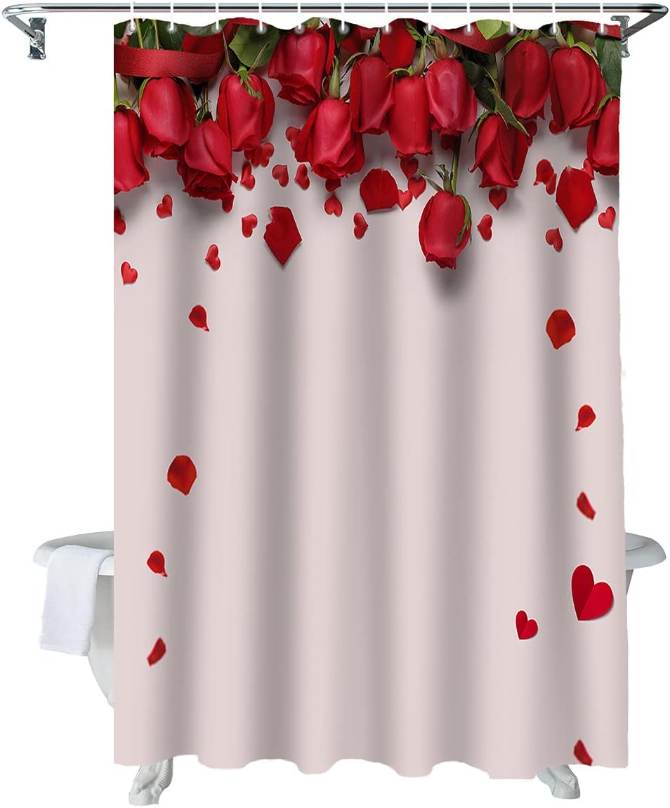ALAGEO Red Rose Shower Curtain Set | Waterproof, Extra Long 72 X 84 | Decorative Bath Curtains